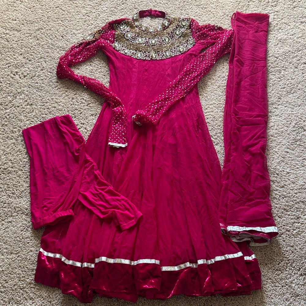 Elegant Magenta Pink Embellished Anarkali Indian Long Dress heavy rhinestone
